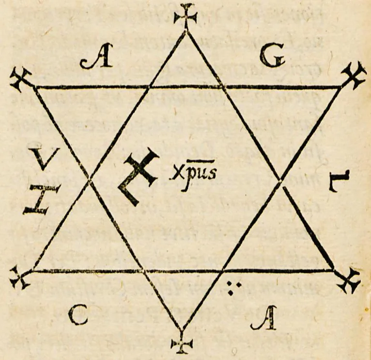 Pentacle dari Heptameron edisi 1565 (Petrus de Abano) — depiksi historis autentik