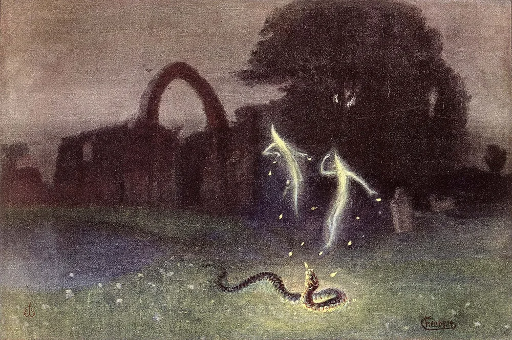 Will-o'-the-wisp dan ular — Hermann Hendrich, 1823; fenomena ignis-fatuus (cahaya-rawa) universal yang Min Min Light Australia adalah varian-Channel-Country-nya