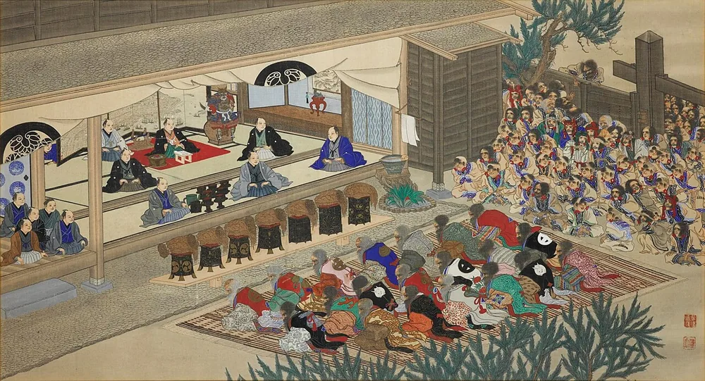 Upacara Omusha Ainu — Hirasawa Byōzan (1822-1876), c. 1875, koleksi National Museums Scotland; ritus-pertemuan dengan pendatang/penjamuan-roh yang dipakai komunitas-Ainu untuk berdialog &amp; meredakan kamuy-jahat termasuk wabah-penyakit