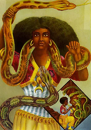 Mami Wata — poster-chromolithograph snake-charmer terinspirasi performer Maladamatjaute (Nala Damajanti), dicetak Adolph Friedlander Hamburg pada 1880-an, ikon yang membentuk visualisasi Mami Wata pan-Afrika