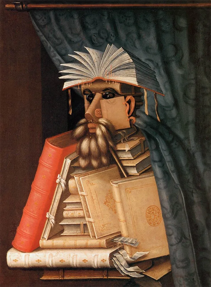 Giuseppe Arcimboldo, "The Librarian" (~1566) — figur tersusun dari tumpukan buku