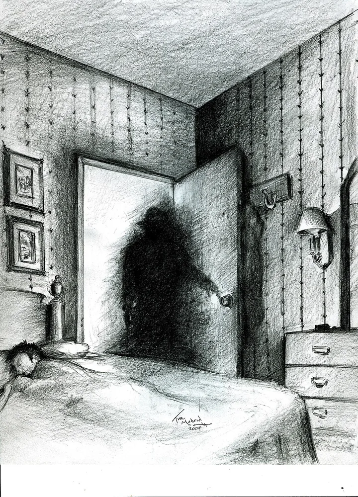 Shadow person / Hat Man — interpretasi-artistik fenomena sleep-paralysis arketipe, oleh Timitzer (2007); gambar yang sama dipakai Wikipedia sebagai ilustrasi-utama artikel Shadow Person