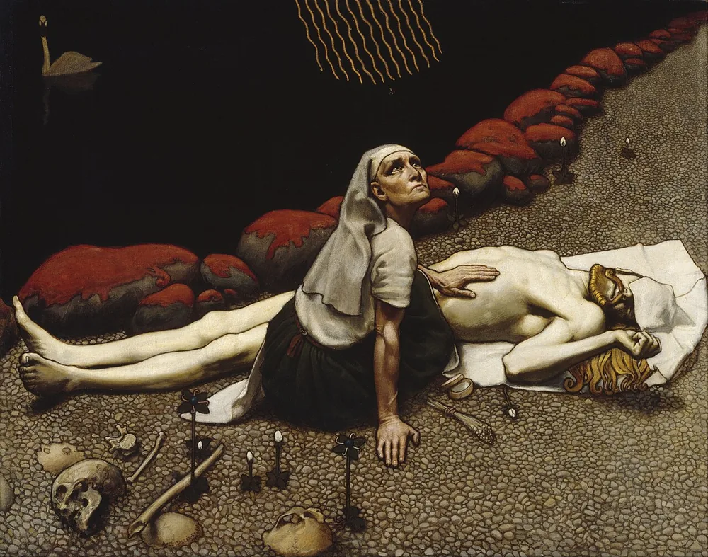 Lemminkäinen's Mother — Akseli Gallen-Kallela, 1897, tempera atas kanvas, Ateneum (Finnish National Gallery); ibu mengumpulkan jenazah-anaknya dari sungai-Tuonela, realm-kematian yang Hiisi huni