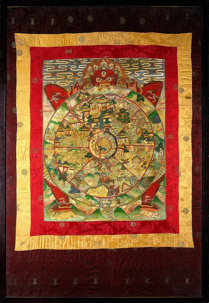 Yama — Tuan Kematian Tibet memegang Bhavacakra (Roda-Kehidupan); thangka dari koleksi Wellcome V0017709, menggambarkan enam-alam-eksistensi yang berputar di cengkeraman Yama