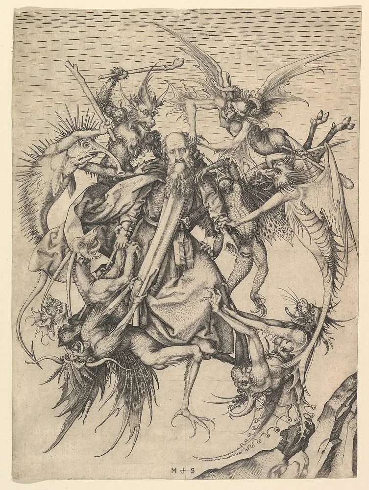 Temptation of Saint Anthony — engraving Martin Schongauer (c. 1480-1490), Metropolitan Museum of Art; demon-demon dari berbagai-ordo menyiksa Santo Anthony, ikonografi-utama hirarki-iblis Kristen yang Sebastien Michaelis 1613 klasifikasikan