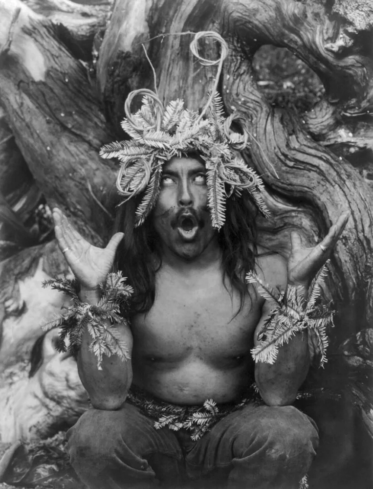 Hamatsa shaman — fotogravur Edward S. Curtis (1914), penari-roh Kwakwaka'wakw Pacific Northwest