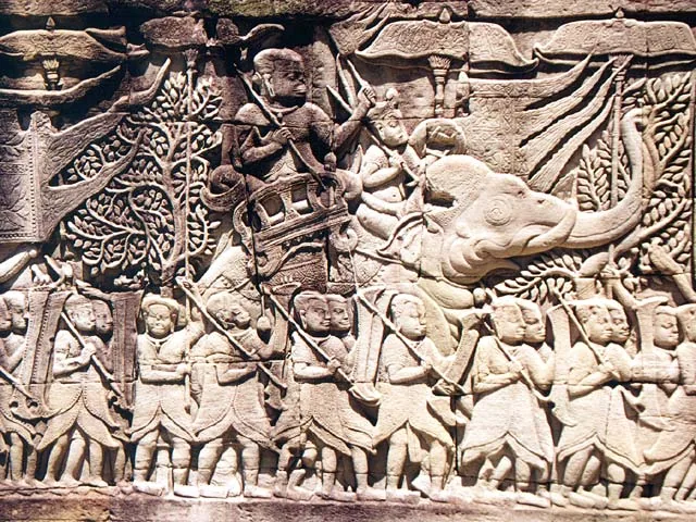 Relief asura pada candi Bayon, Angkor — ikonografi demonik Khmer/Kamboja