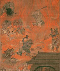 Avīci — bagian dari "The Six Paths" (絹本著色六道絵), lukisan-sutera abad XIII (~1250 M), neraka-Buddhis kedelapan dan paling-pedih; National Treasure Jepang, koleksi Shōju Raigō-ji, Ōtsu, Shiga