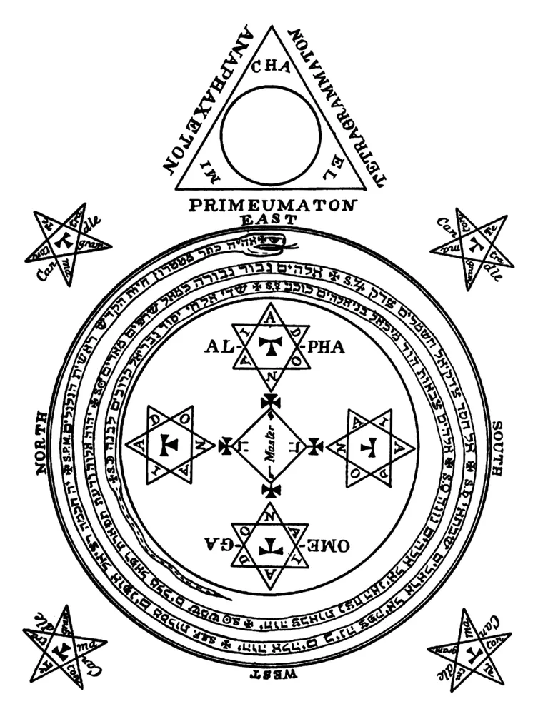 Circle of Solomon &amp; Triangle of Solomon — implementasi-magis-perlindungan dari The Goetia: The Lesser Key of Solomon the King, edisi Mathers &amp; Crowley 1904; Triangle persis-ini Crowley pakai untuk evokasi Choronzon di Bou-Saâda, Aljazair, 1909