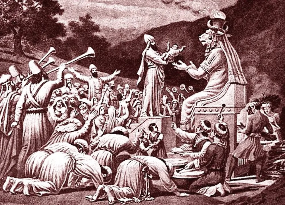 Moloch — idola berkepala-lembu menerima pengorbanan-anak, ilustrasi dari Charles Foster, "Bible Pictures with brief descriptions" (1897)