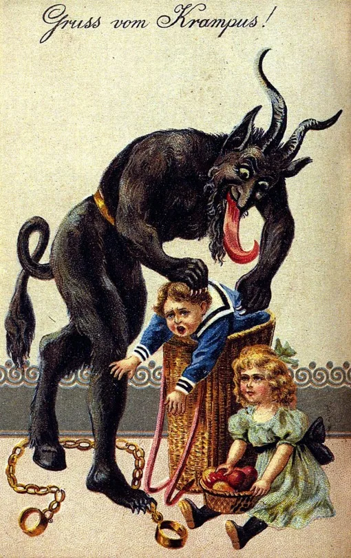 Kartu-pos "Gruss vom Krampus" (~1900) — ikon iblis Krampus pendahulu budaya-pop modern