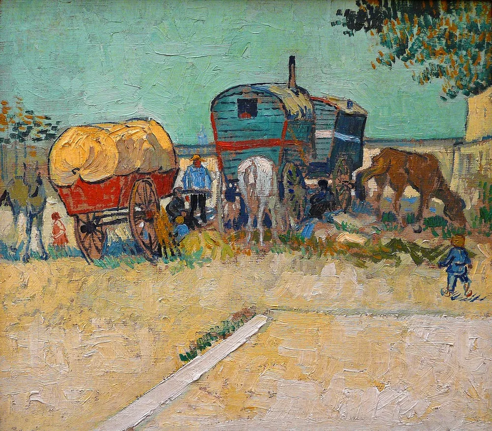 Vincent van Gogh, "Les roulottes, campement de bohémiens" (1888) — kemah karavan Romani dekat Arles