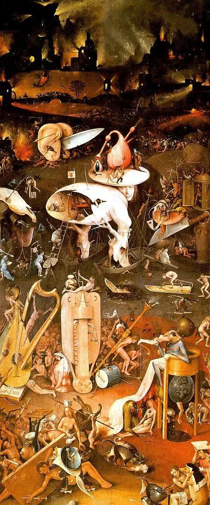 Hieronymus Bosch — Hell, panel kanan triptik The Garden of Earthly Delights, c. 1490-1510, Museo del Prado